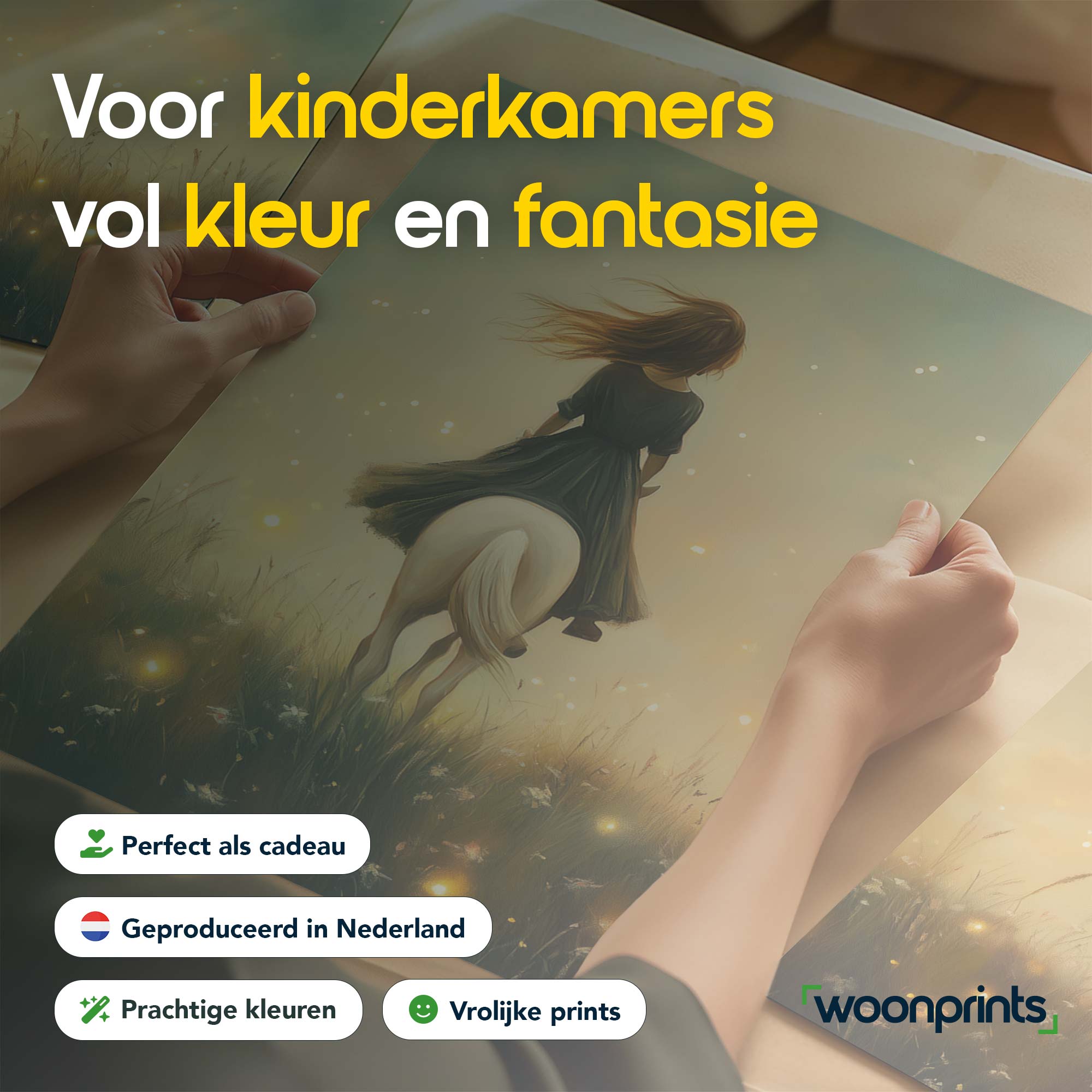 Speels Tafereel: Vrouw op Wit Paard in Bloemenveld - Afbeelding 4