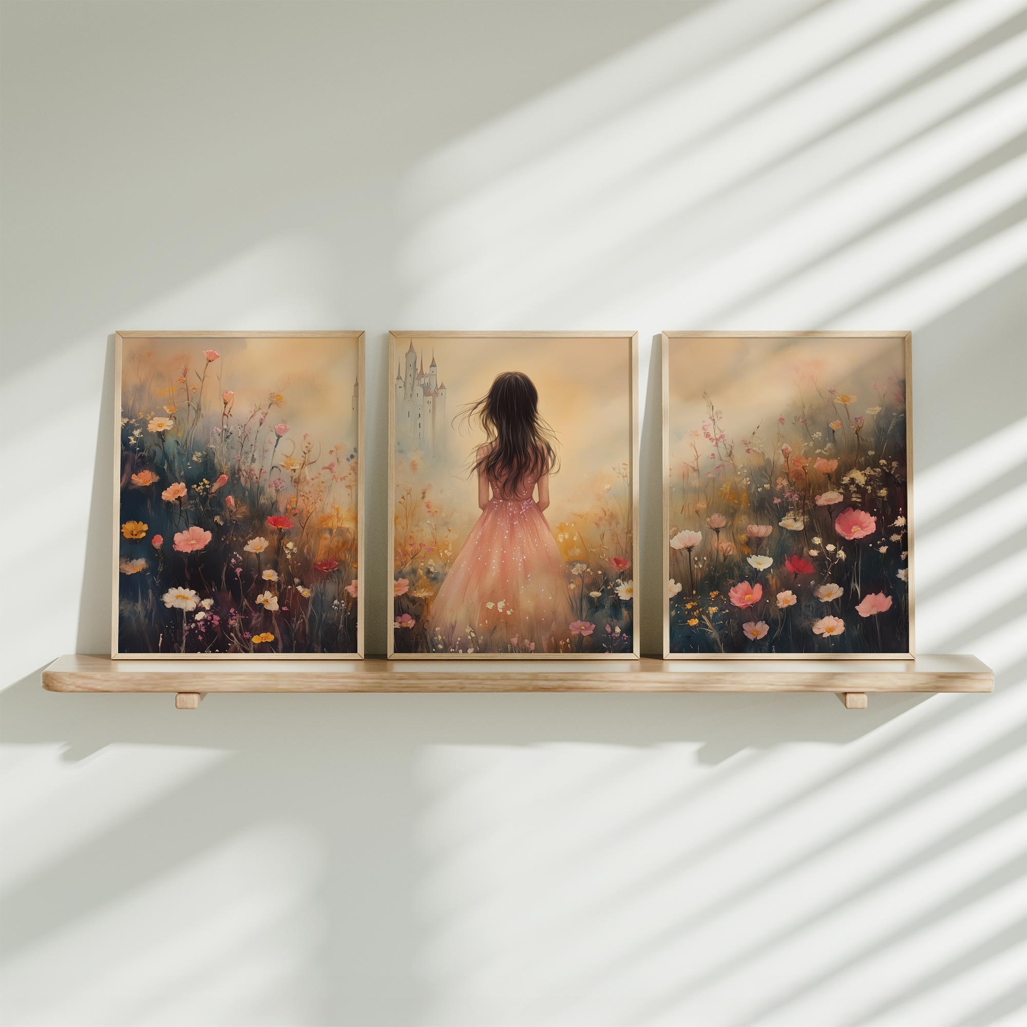 Magisch Meisje in Pastel Bloemenveld met Kasteel