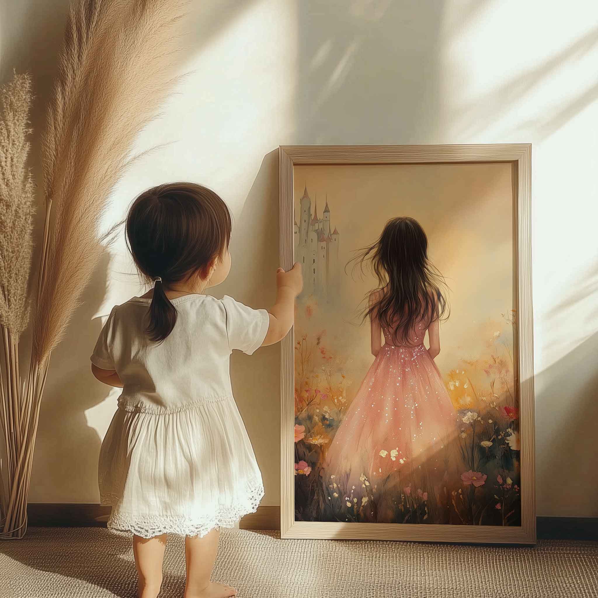 Magisch Meisje in Pastel Bloemenveld met Kasteel - Afbeelding 6