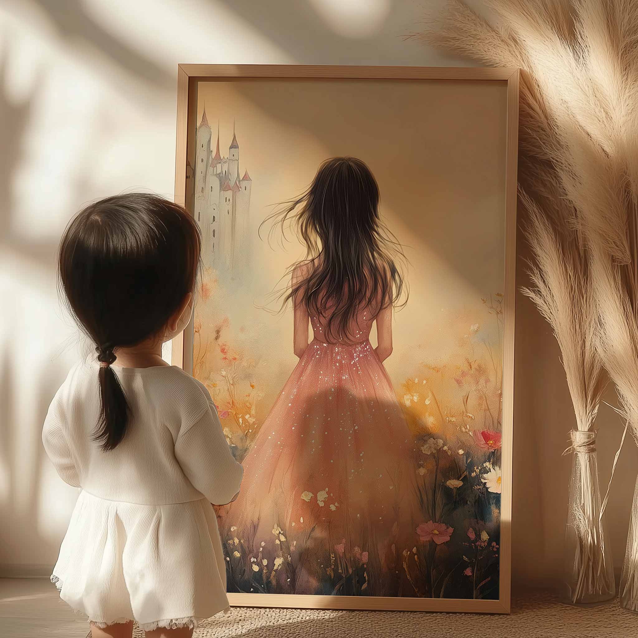 Magisch Meisje in Pastel Bloemenveld met Kasteel - Afbeelding 8