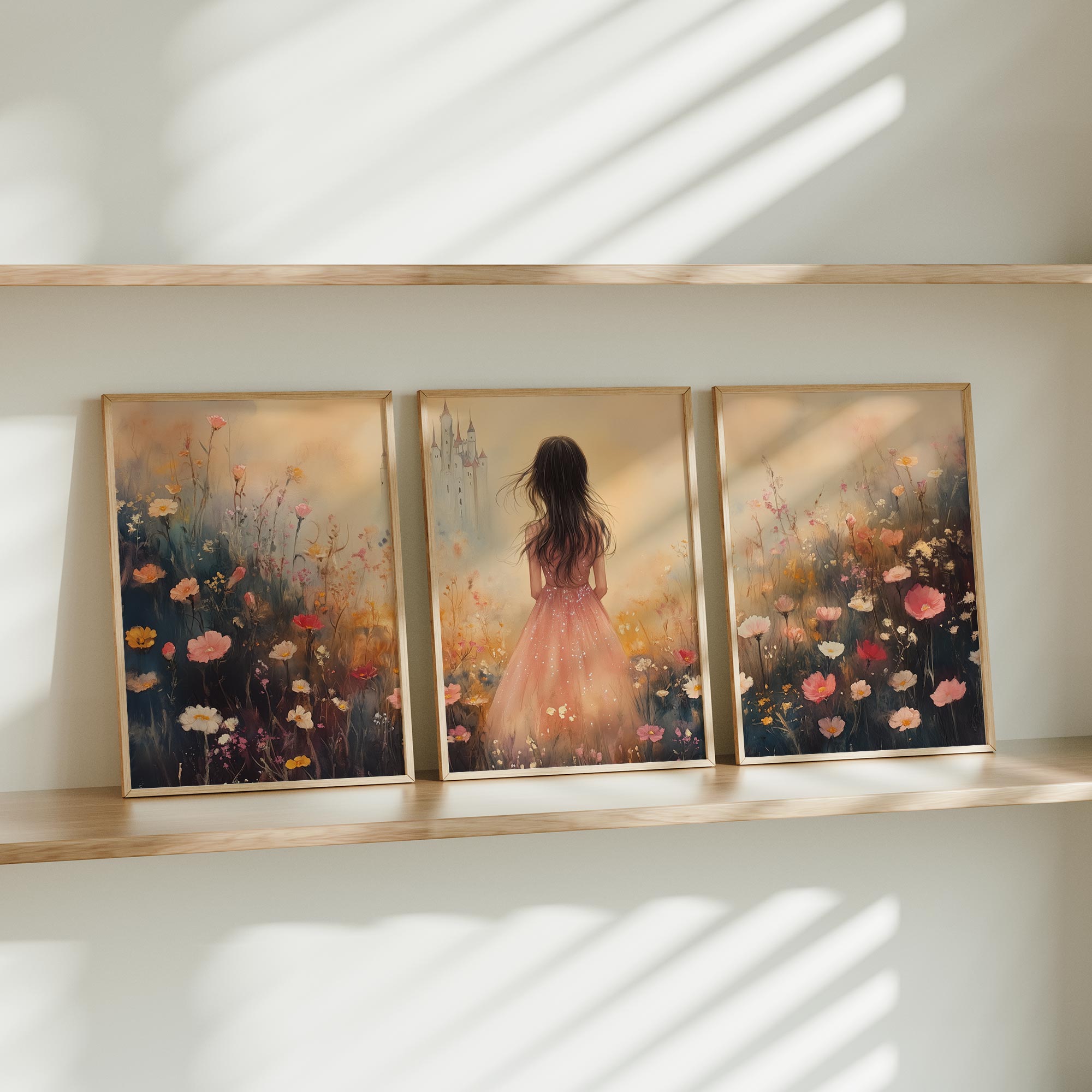Magisch Meisje in Pastel Bloemenveld met Kasteel - Afbeelding 9