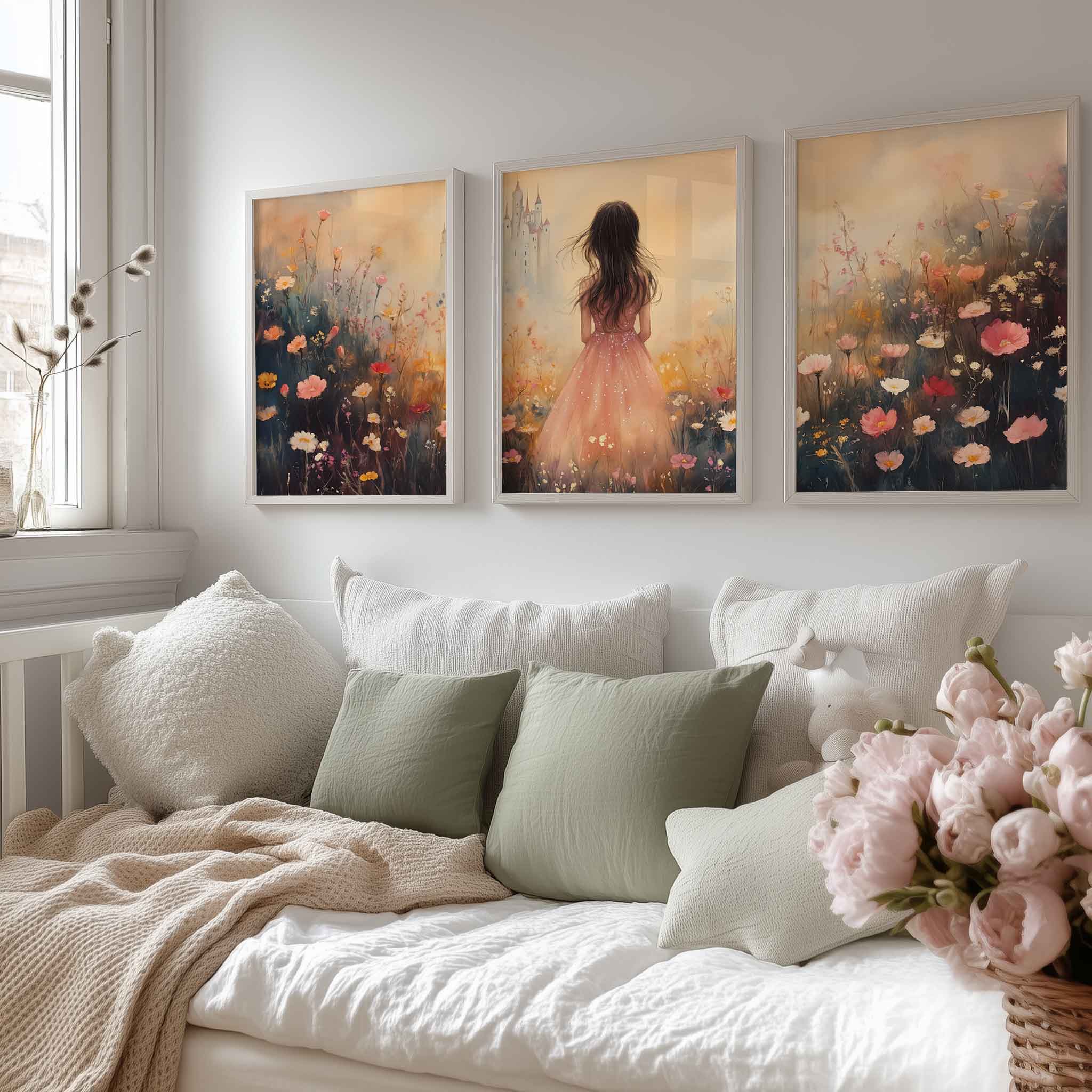 Magisch Meisje in Pastel Bloemenveld met Kasteel - Afbeelding 12