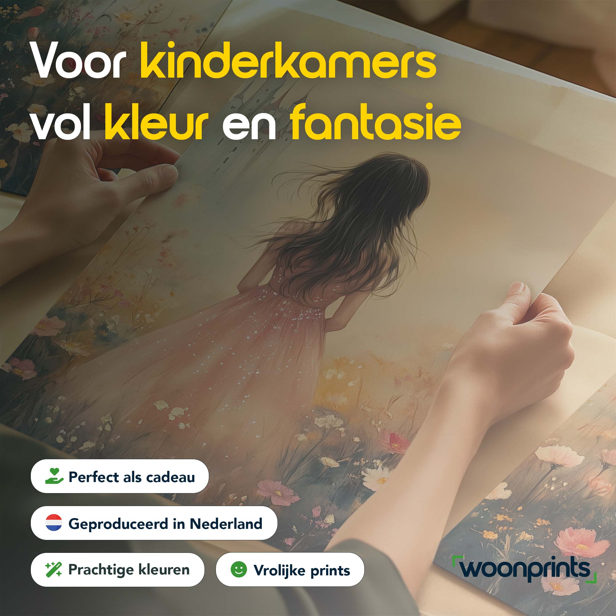 Magisch Meisje in Pastel Bloemenveld met Kasteel - Afbeelding 4