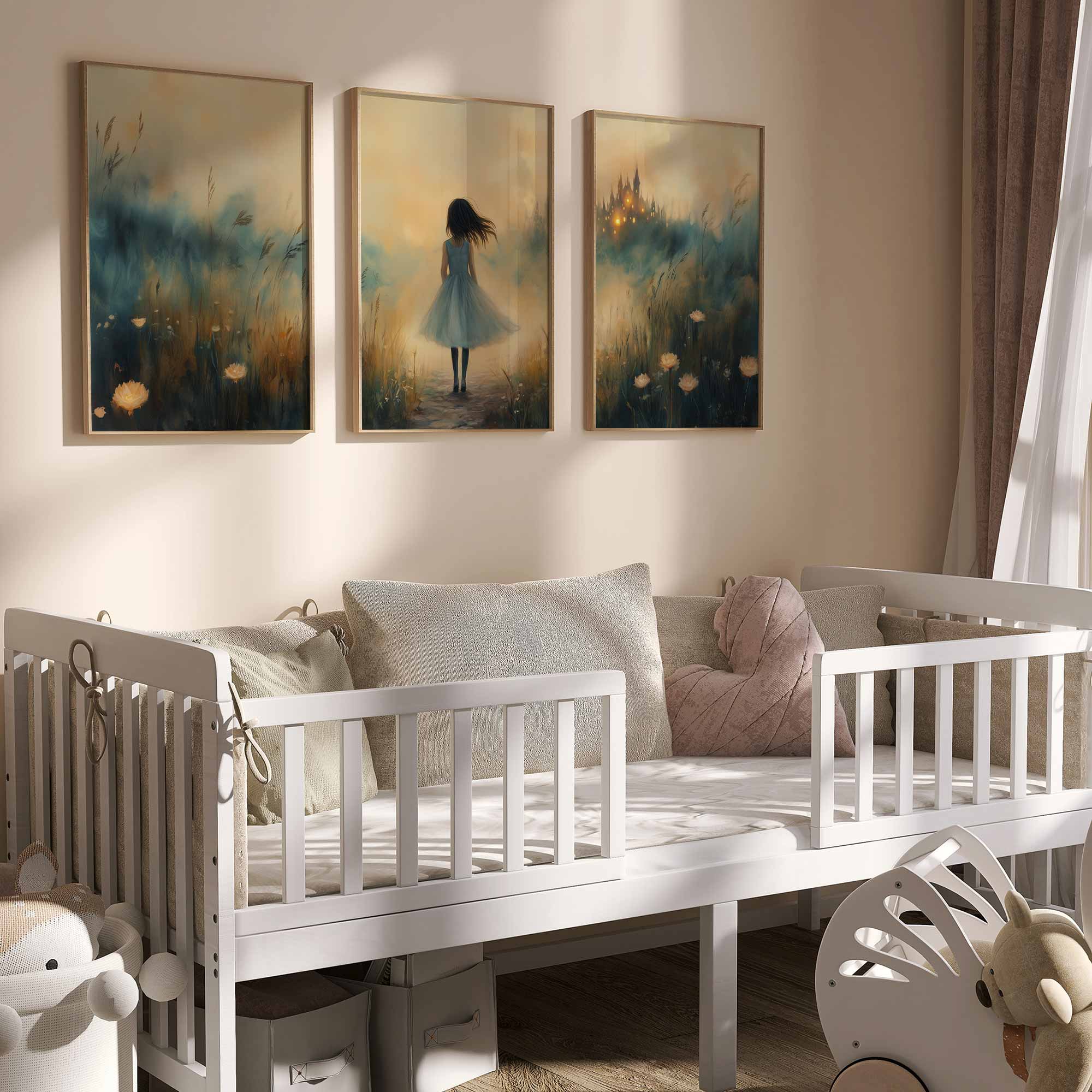 Dromerig Meisje bij Betoverend Kasteel - Pastel Schilderij - Afbeelding 3