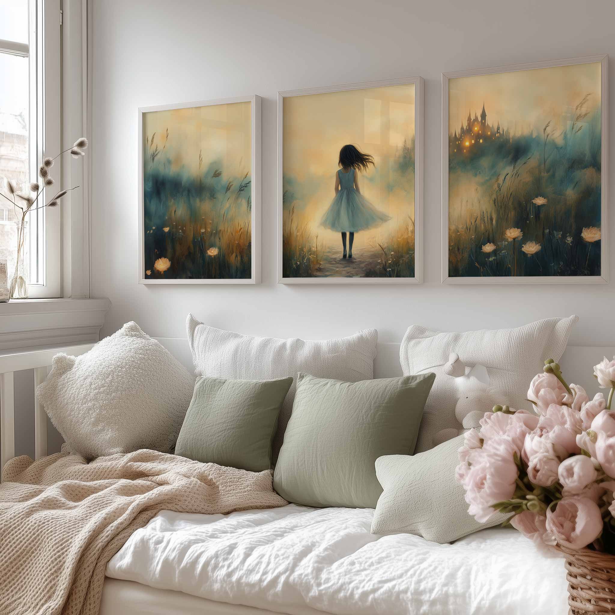 Dromerig Meisje bij Betoverend Kasteel - Pastel Schilderij - Afbeelding 13