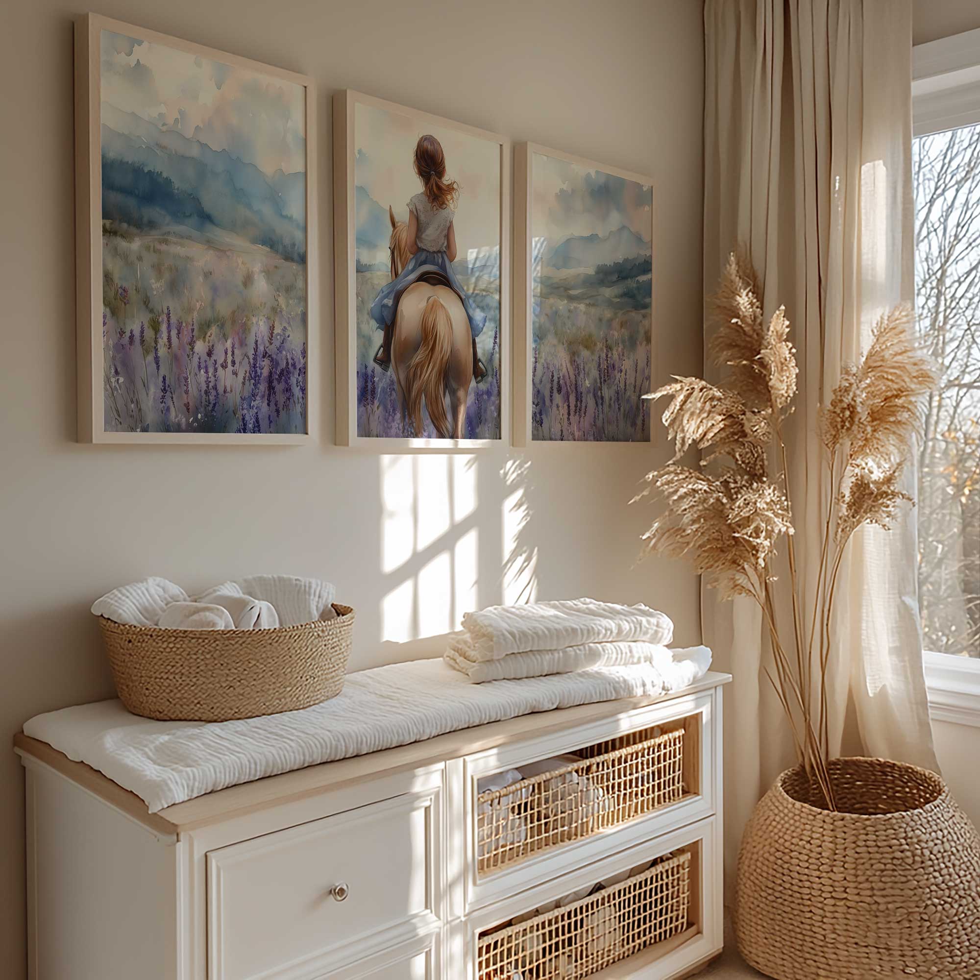 Magisch Meisje op Paard tussen Paarse Bloemen - Afbeelding 2