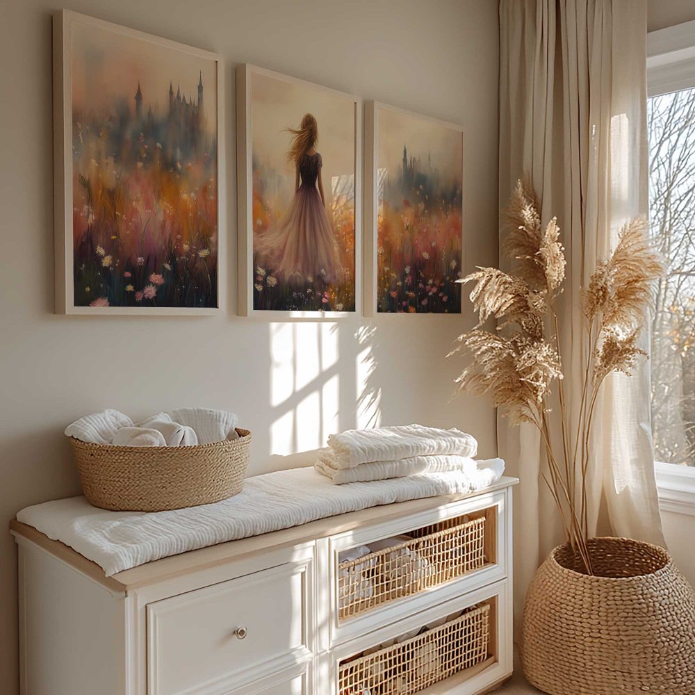 Alternative view of Betoverend bloemenveld met dromerig kasteel op de achtergrond