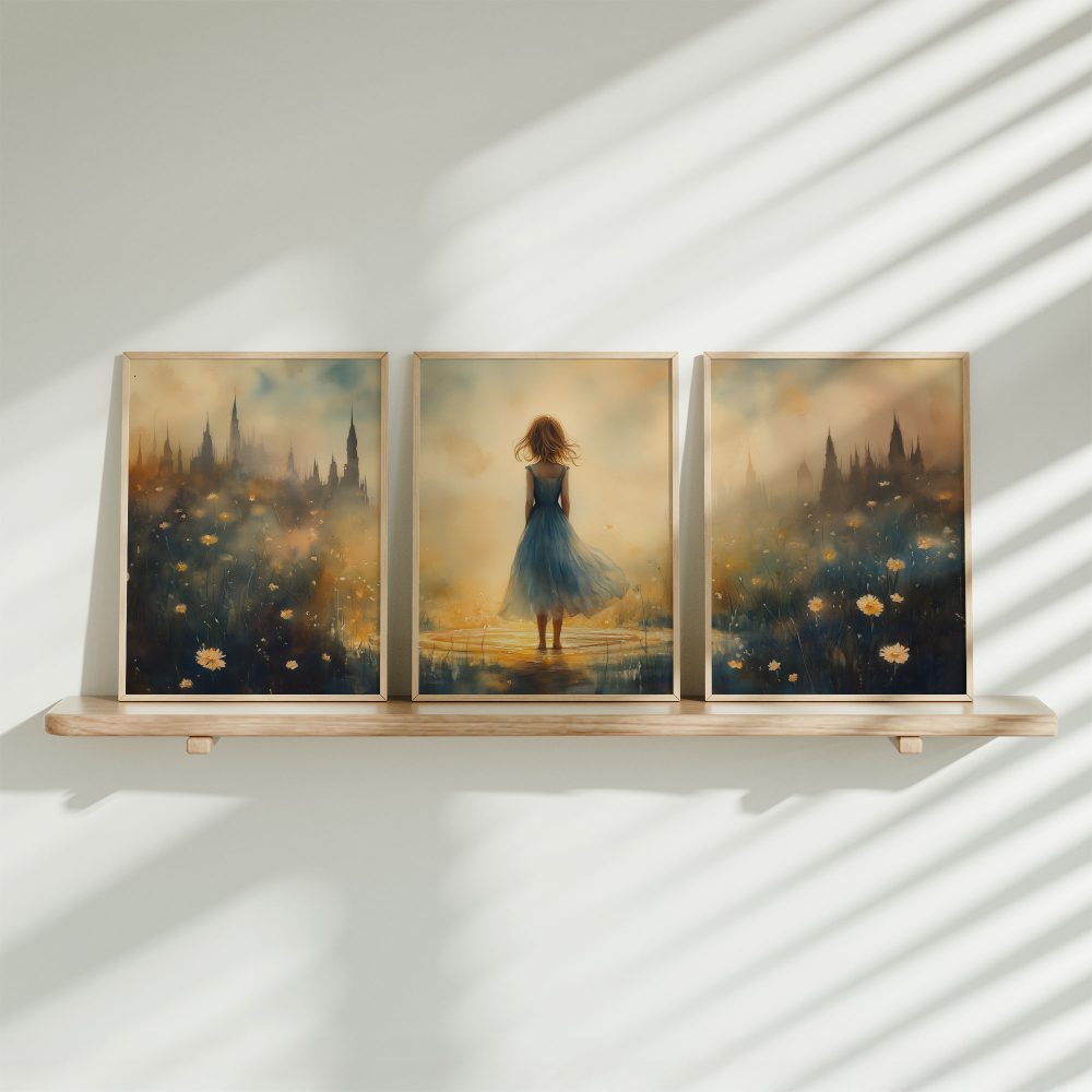 Betoverend bloemenveld met kasteel en blauwe jurk