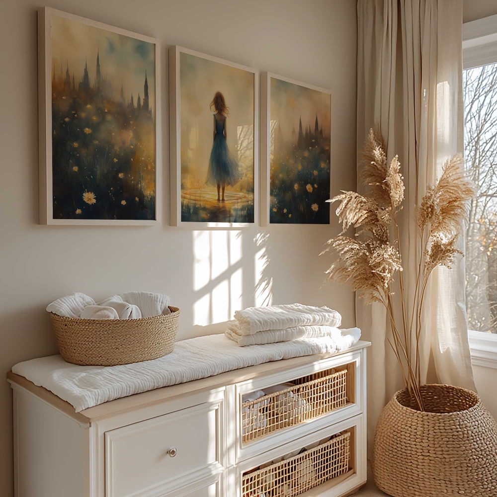 Alternative view of Betoverend bloemenveld met kasteel en blauwe jurk