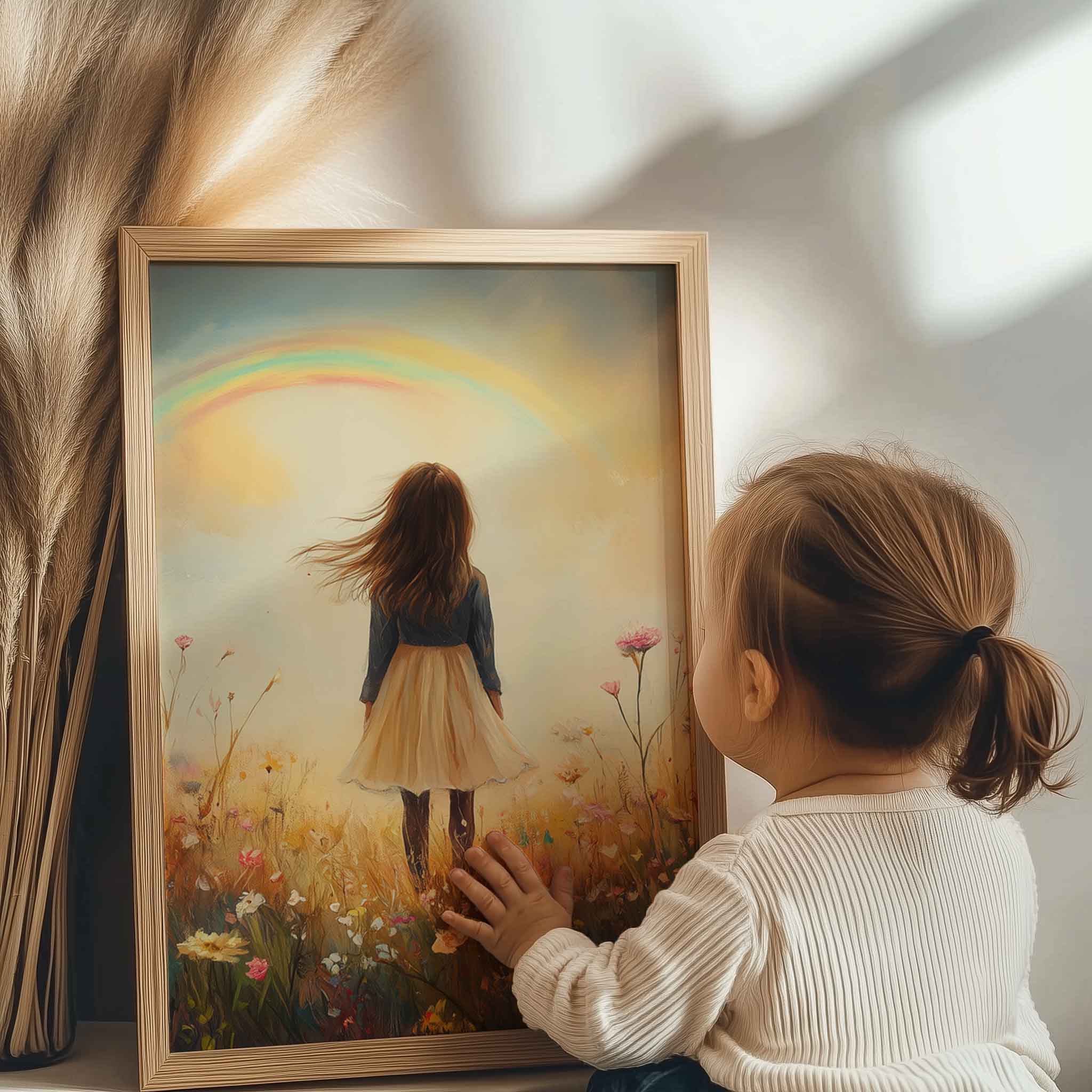 Speels Meisje in Bloemenveld met Regenboog - Afbeelding 6