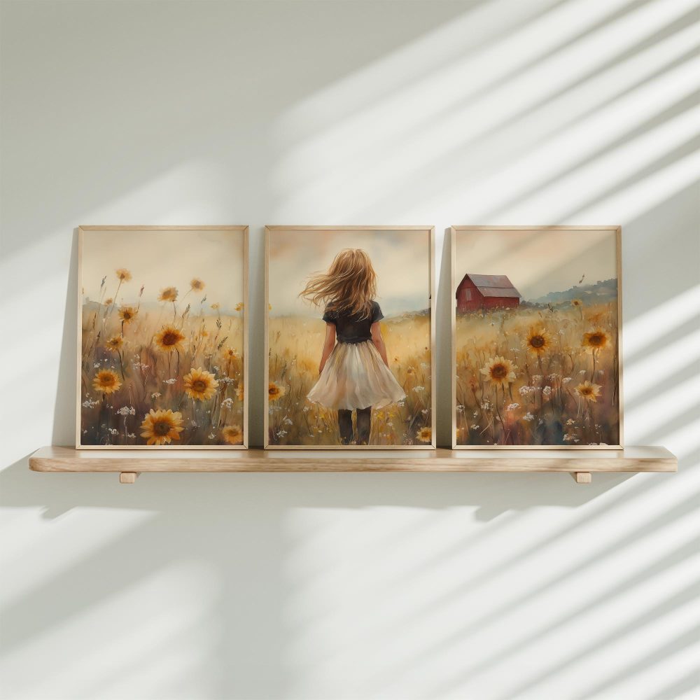 Zonnig Meisje in Bloemenveld met Rode Schuur