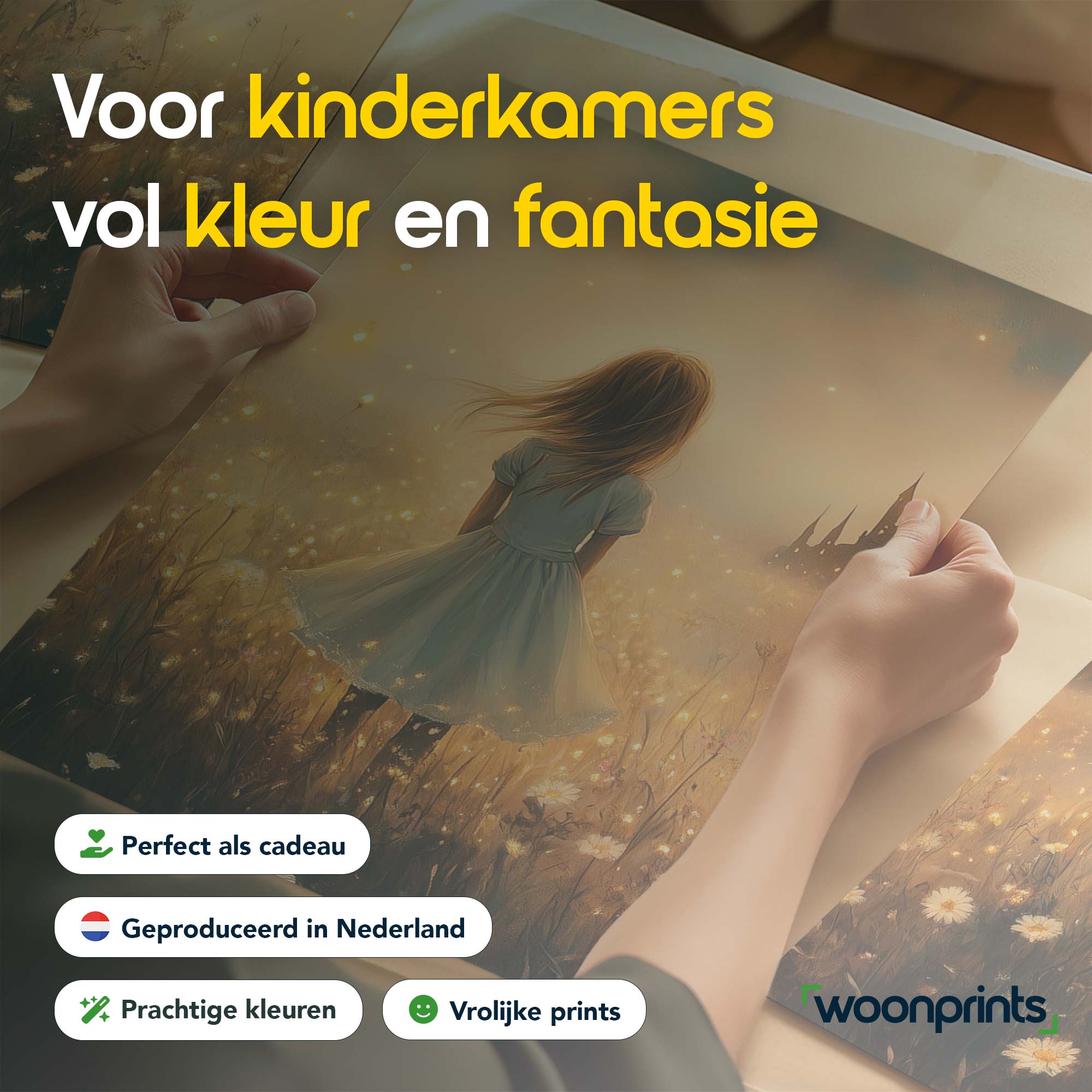 Magisch Meisje in Bloemenveld met Sprookjeskasteel - Afbeelding 4