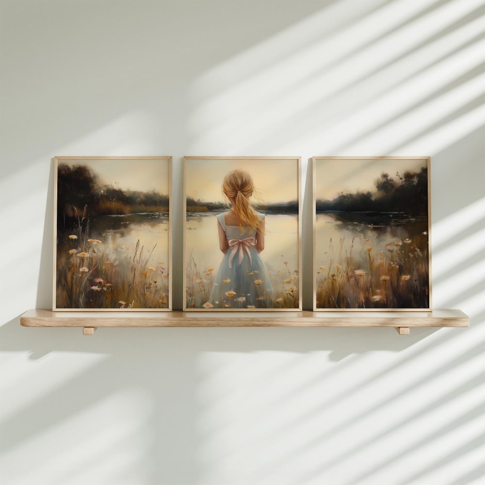 Dromerig Meisje in Bloemenveld bij het Meer