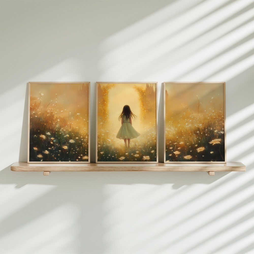 Speels Meisje in Bloemenveld met Dromerig Kasteel