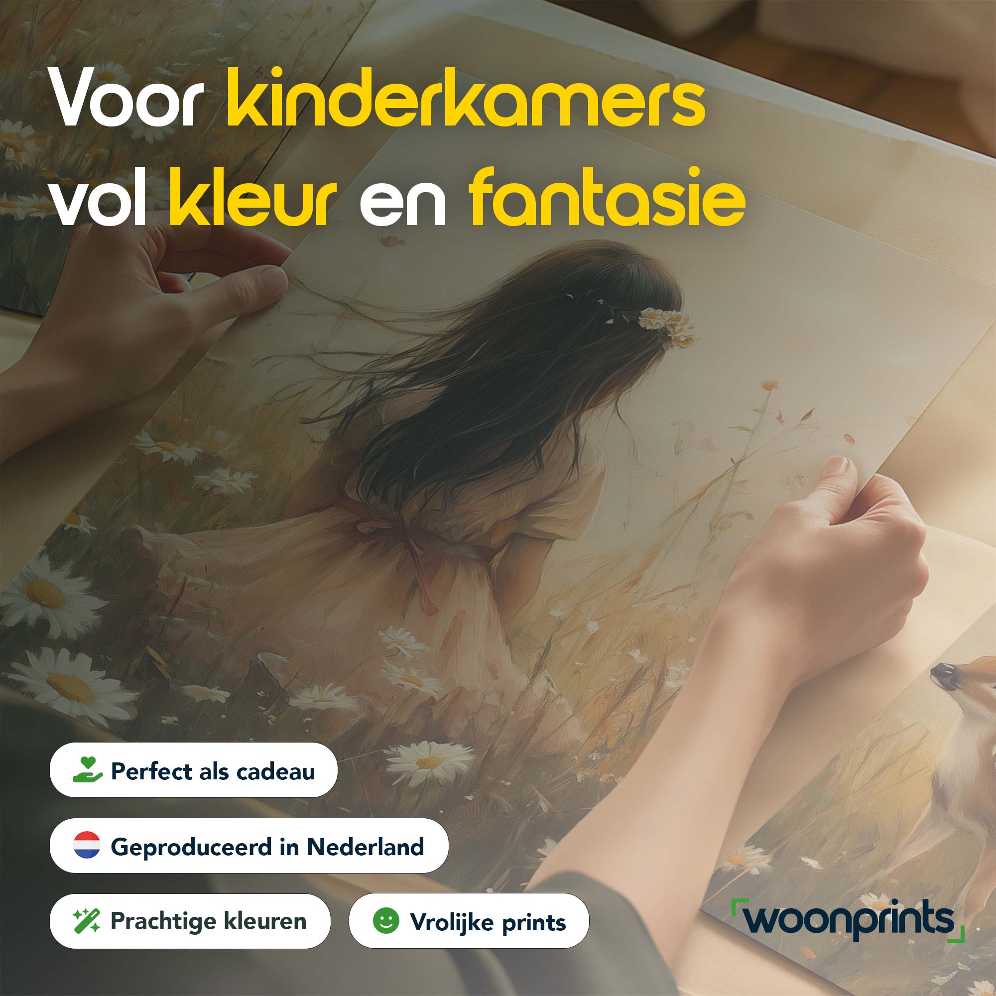 Teder Moment: Meisje en Hert in Bloemenveld - Afbeelding 4