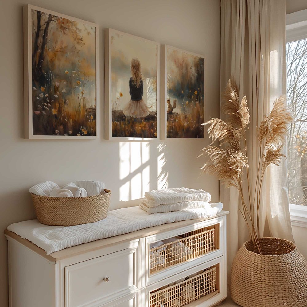 Alternative view of Dromerig Meisje en Eekhoorn in Pastel Landschap