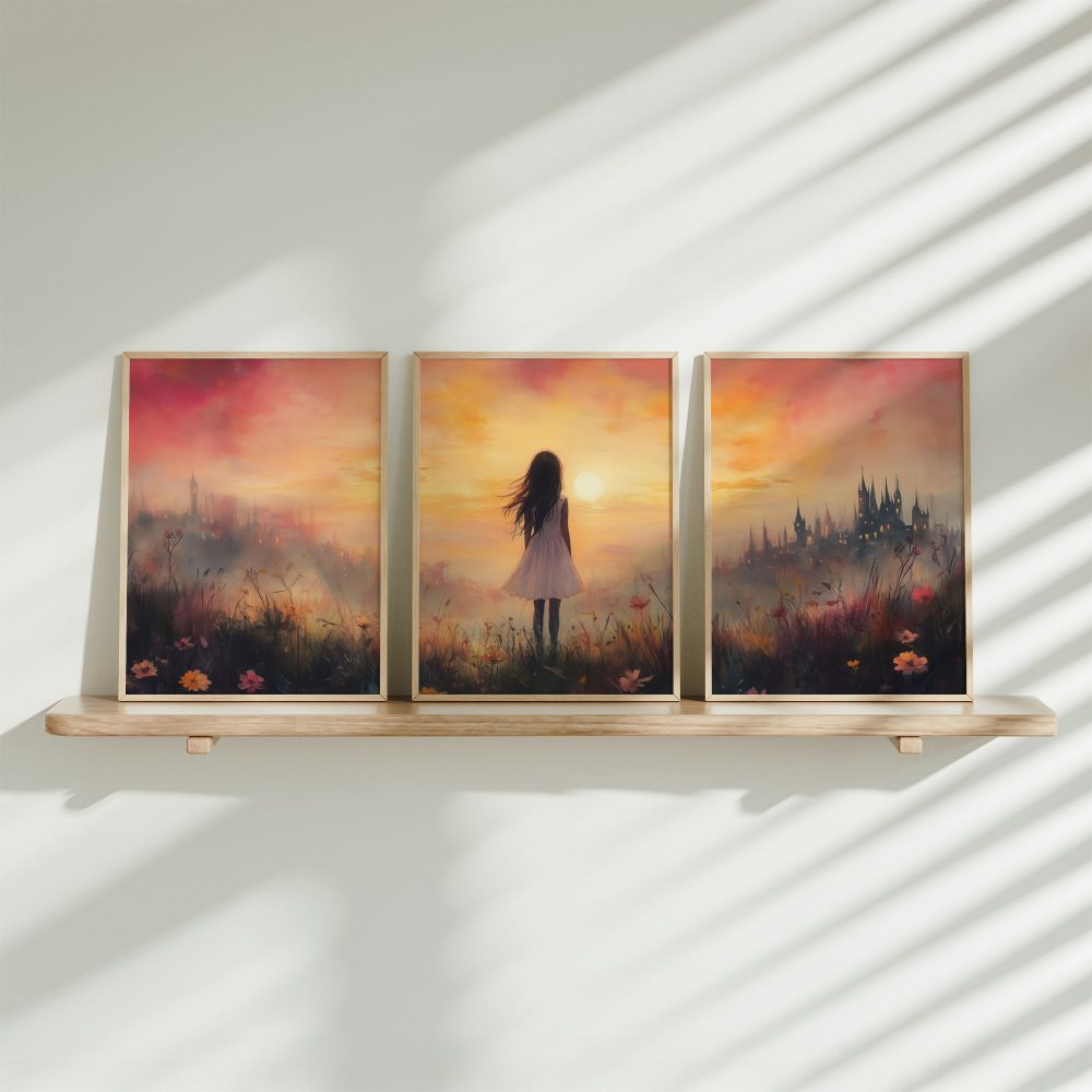 Feeëriek Meisje in Bloemenveld met Kasteel