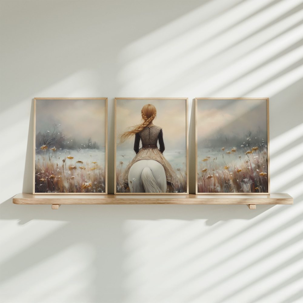 Blonde Droom in Pastel: Vrouw te Paard tussen Bloemen