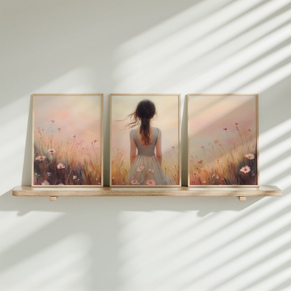 Betoverend bloemenveld met dromerige vrouw en kleurrijke lucht