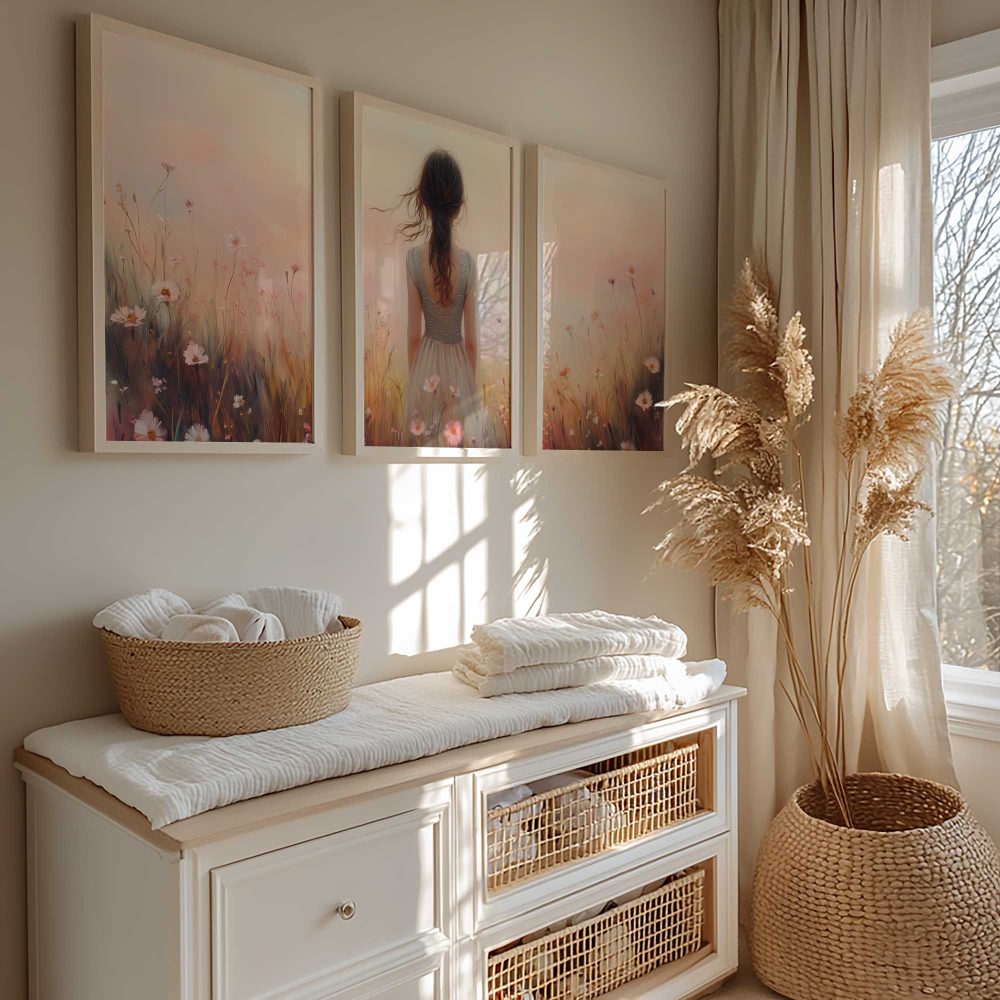 Alternative view of Betoverend bloemenveld met dromerige vrouw en kleurrijke lucht