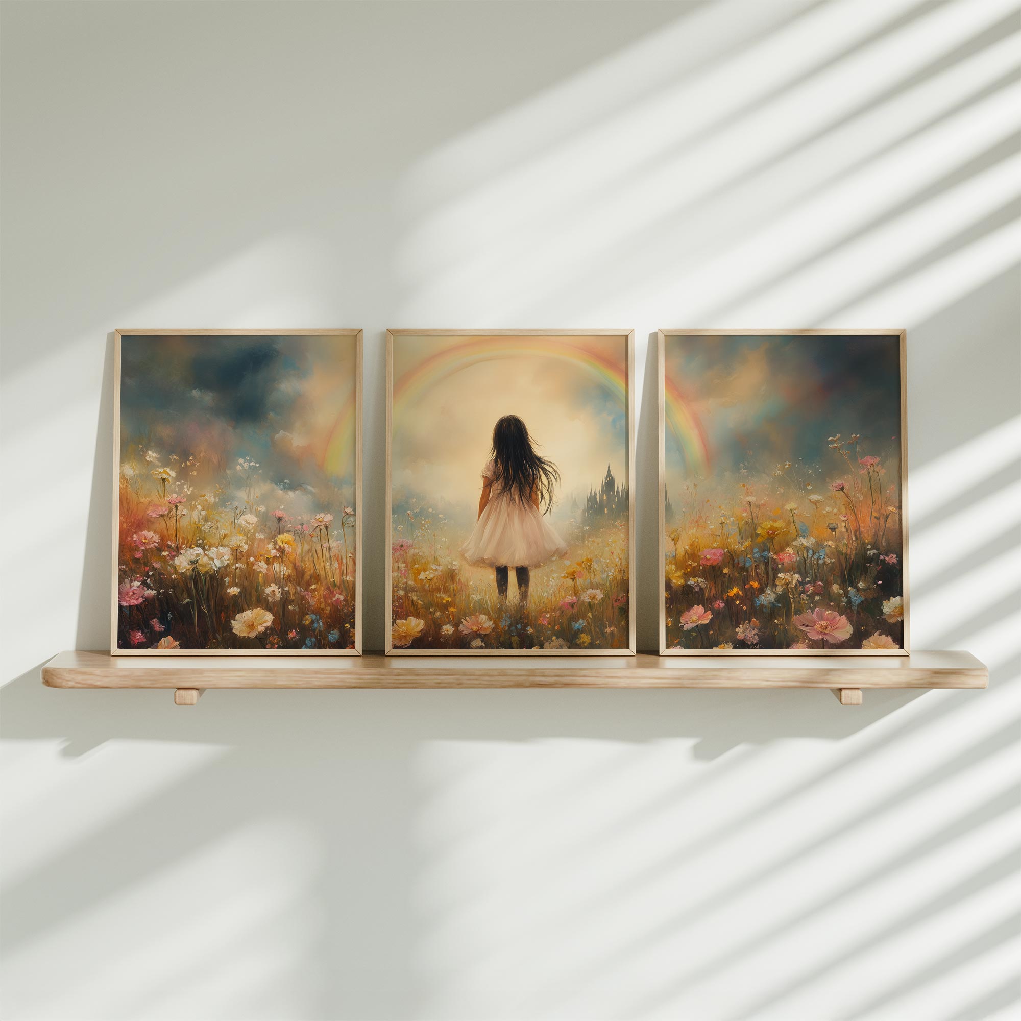 Magisch Meisje in Pastel Bloemenveld met Regenboog