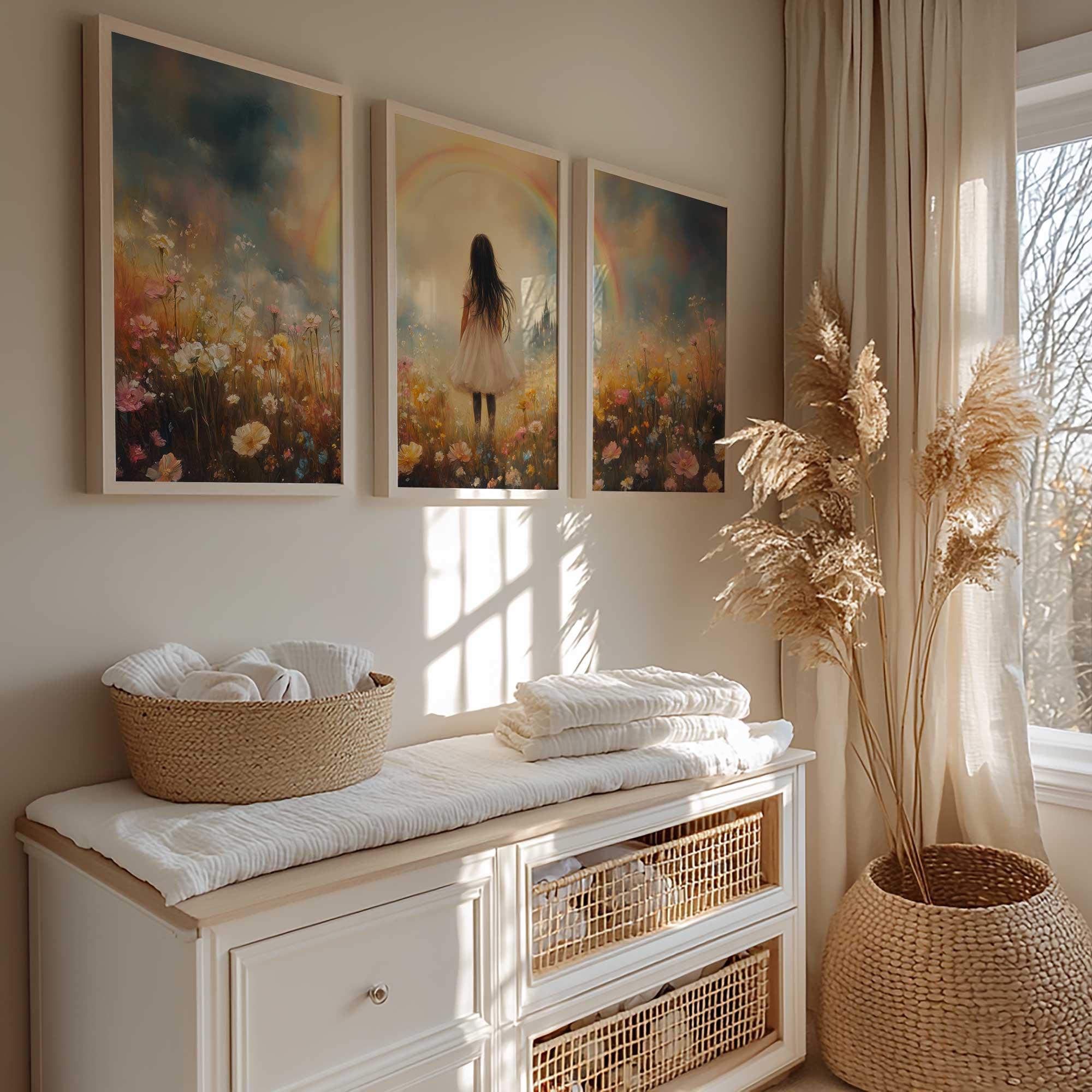 Magisch Meisje in Pastel Bloemenveld met Regenboog - Afbeelding 2