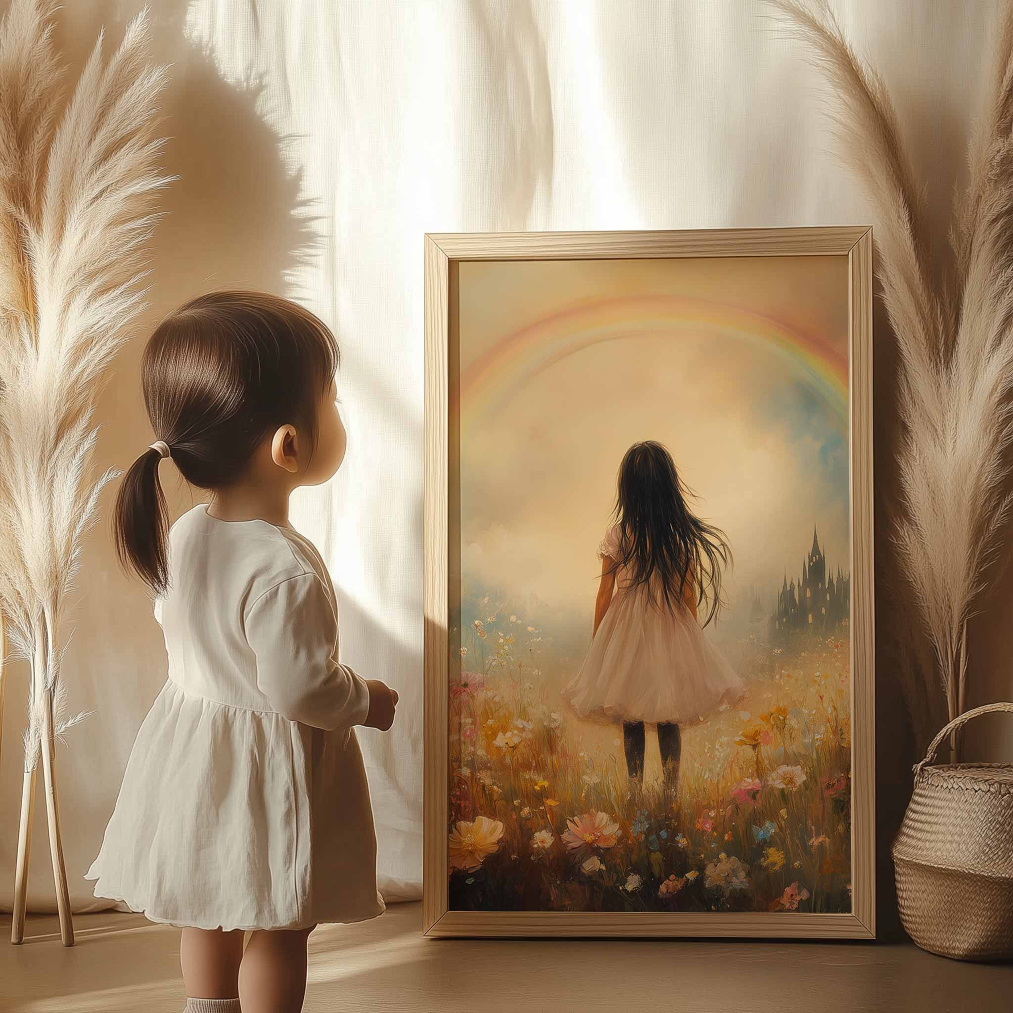 Magisch Meisje in Pastel Bloemenveld met Regenboog - Afbeelding 10