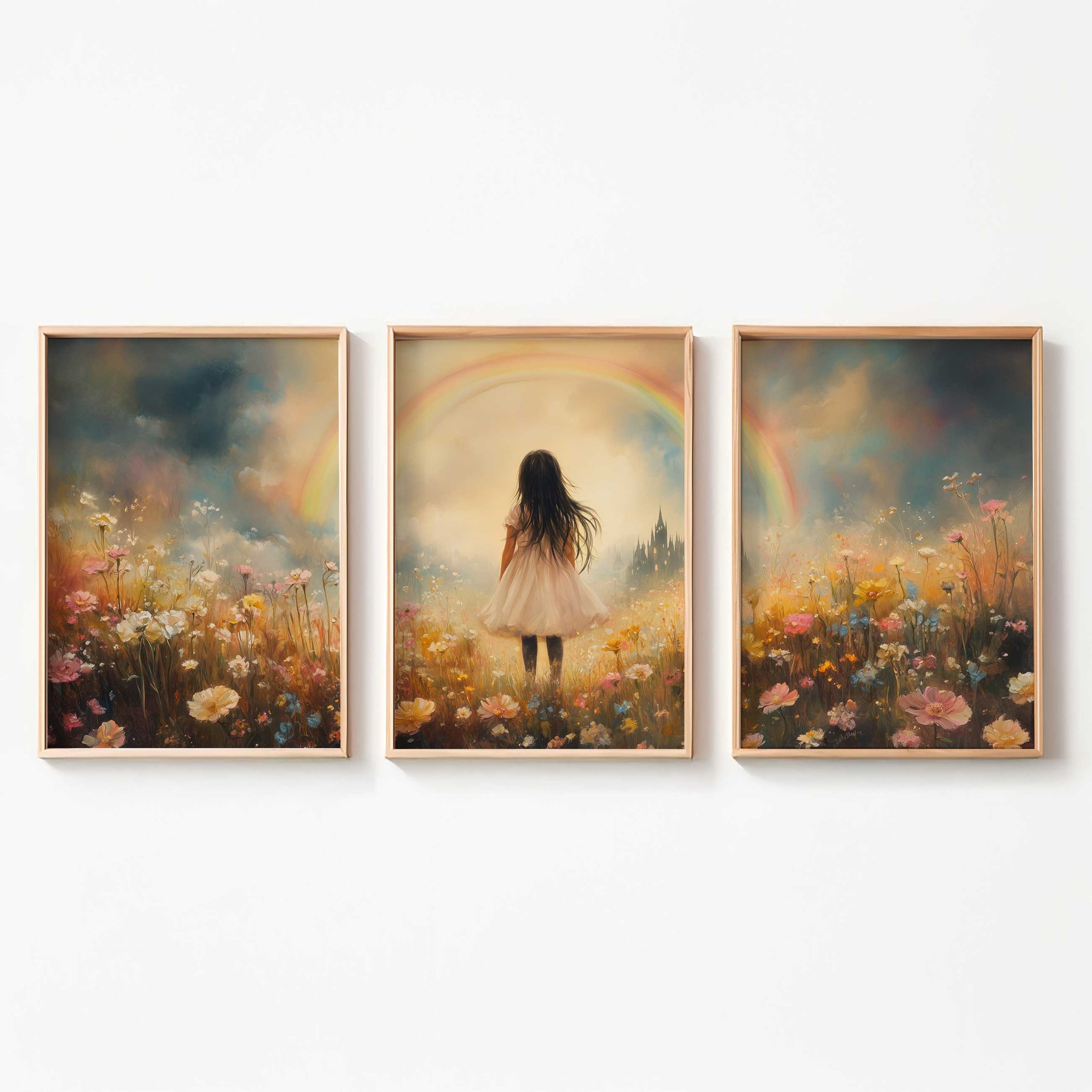 Magisch Meisje in Pastel Bloemenveld met Regenboog - Afbeelding 9