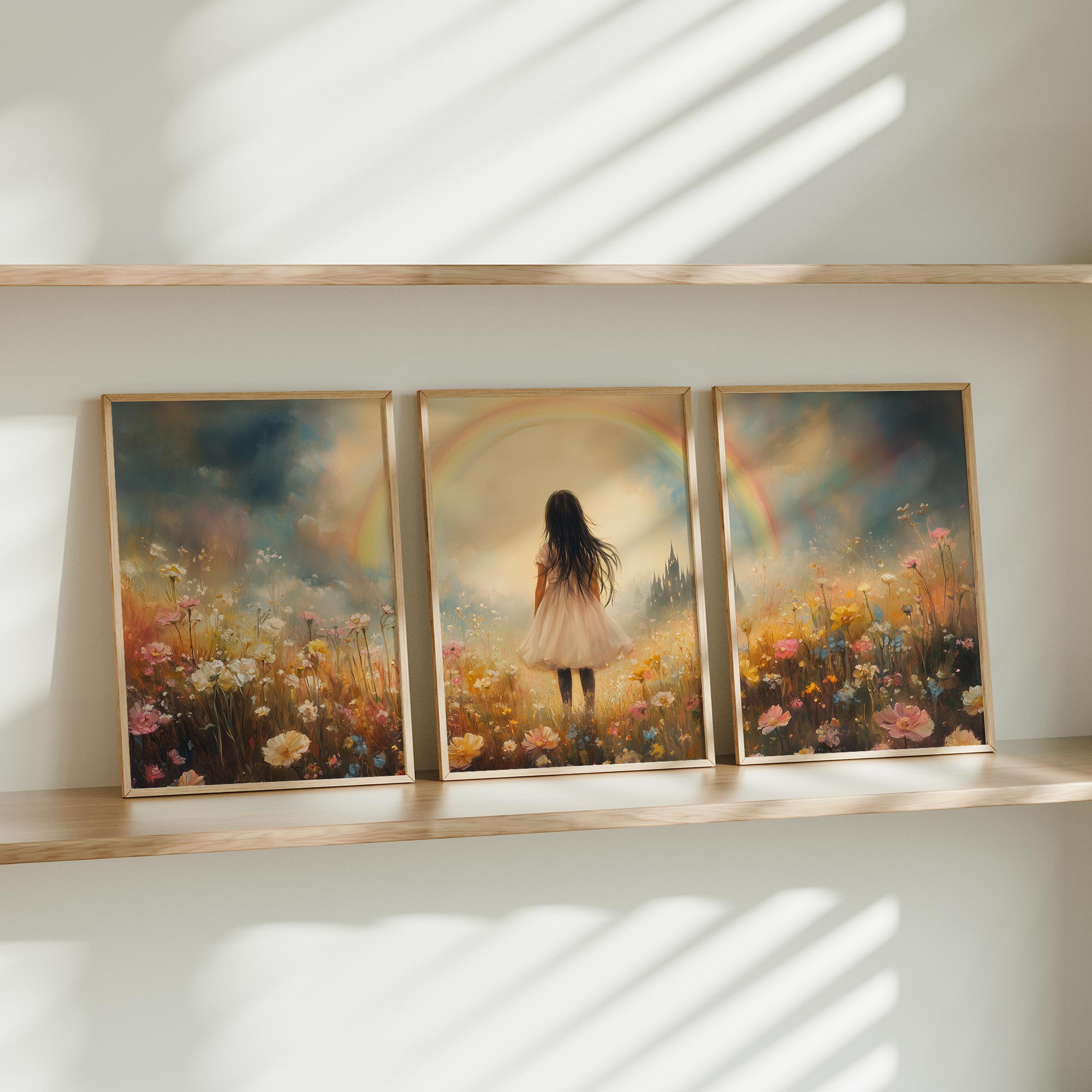 Magisch Meisje in Pastel Bloemenveld met Regenboog - Afbeelding 11