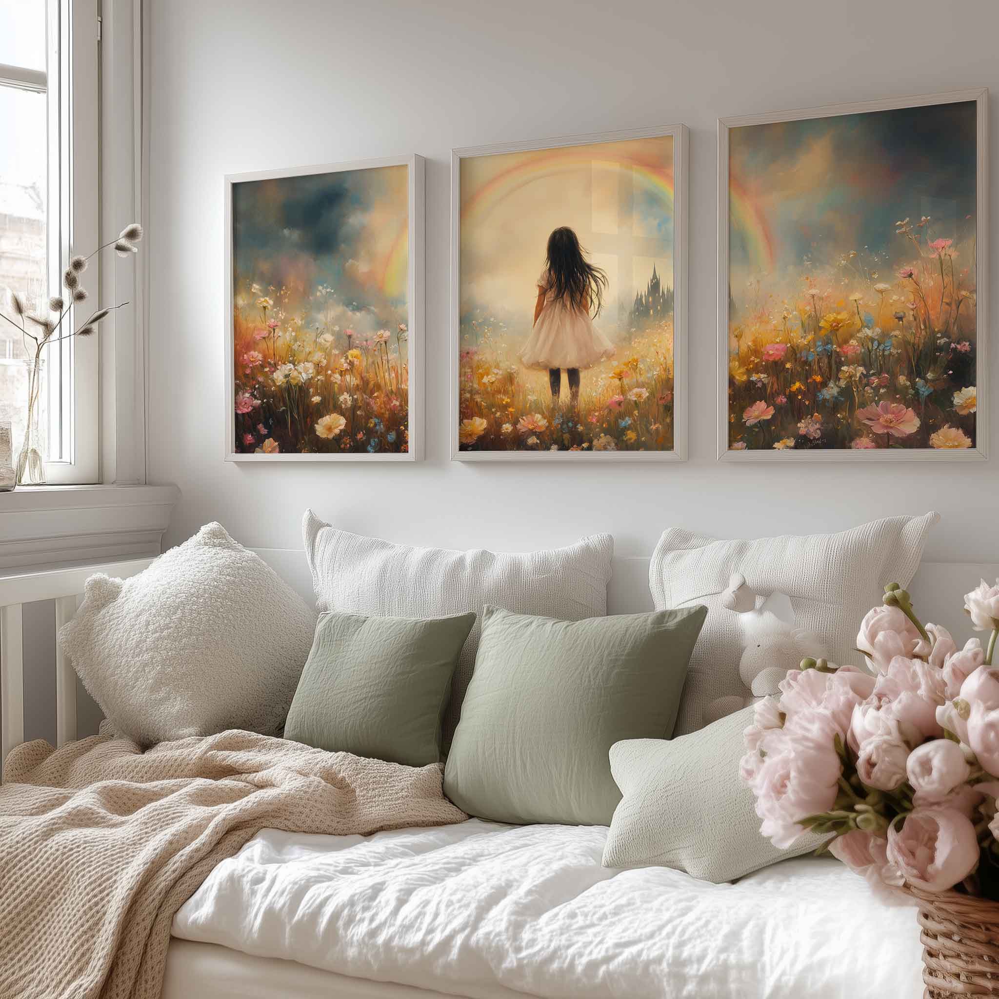 Magisch Meisje in Pastel Bloemenveld met Regenboog - Afbeelding 12