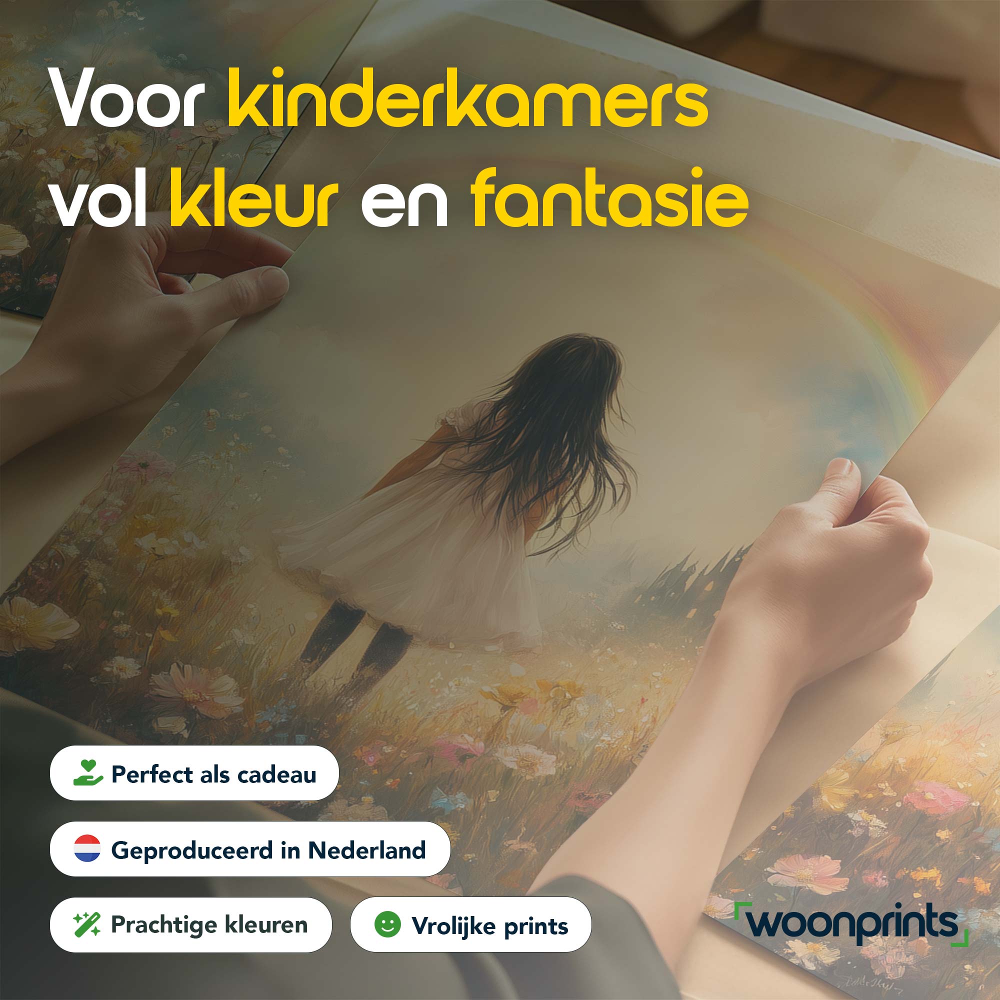 Magisch Meisje in Pastel Bloemenveld met Regenboog - Afbeelding 4
