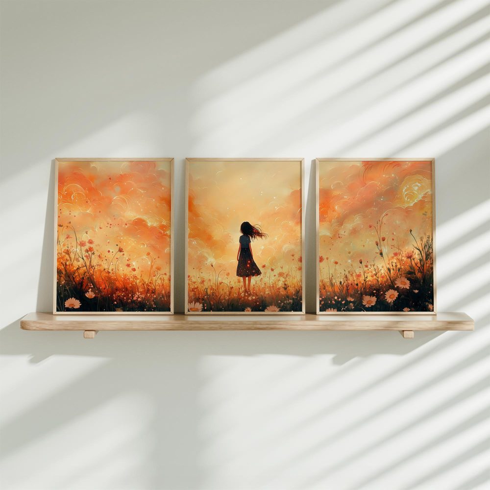 Zonnig bloemenveld met vrolijke vrouw