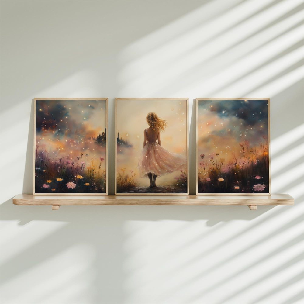 Feeërieke Dame in Bloemenveld met Kasteel