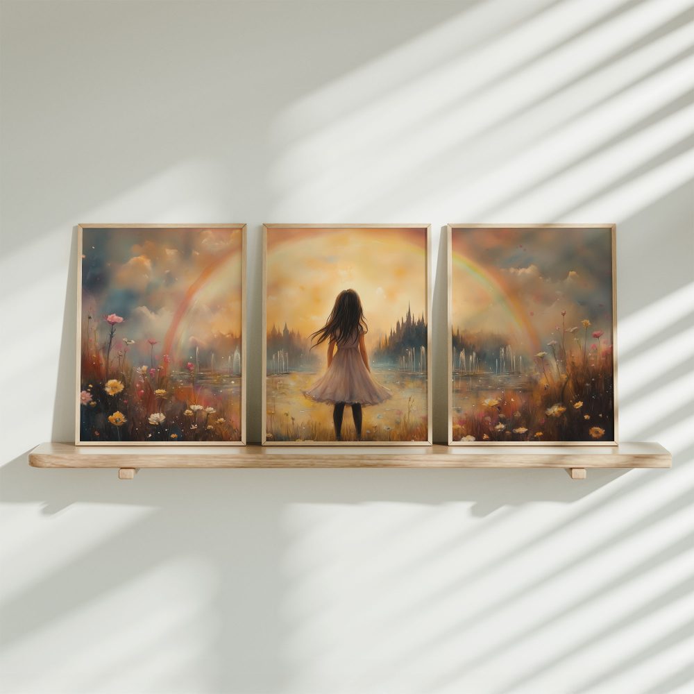 Dromerig Meisje in Bloemenveld met Regenboog