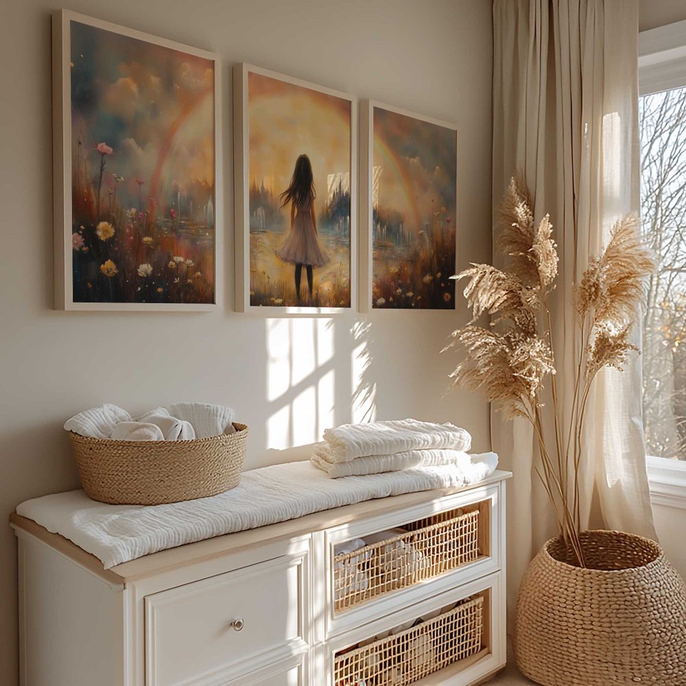 Alternative view of Dromerig Meisje in Bloemenveld met Regenboog