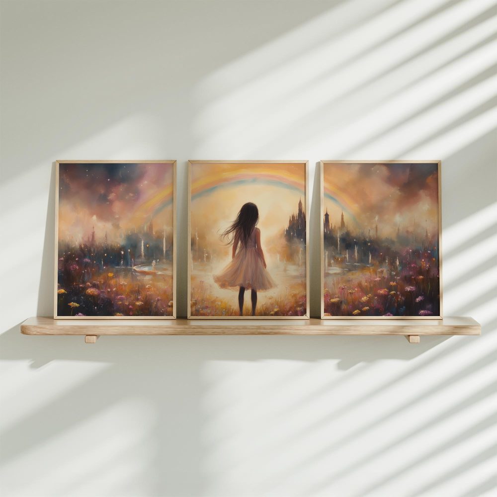 Dromerig Meisje in Bloemenveld met Kasteel