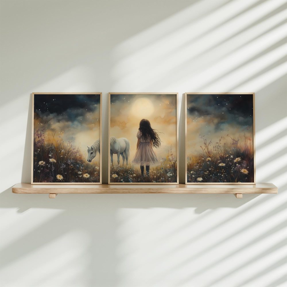 Jong Meisje en Witte Paard in Dromerig Bloemenveld