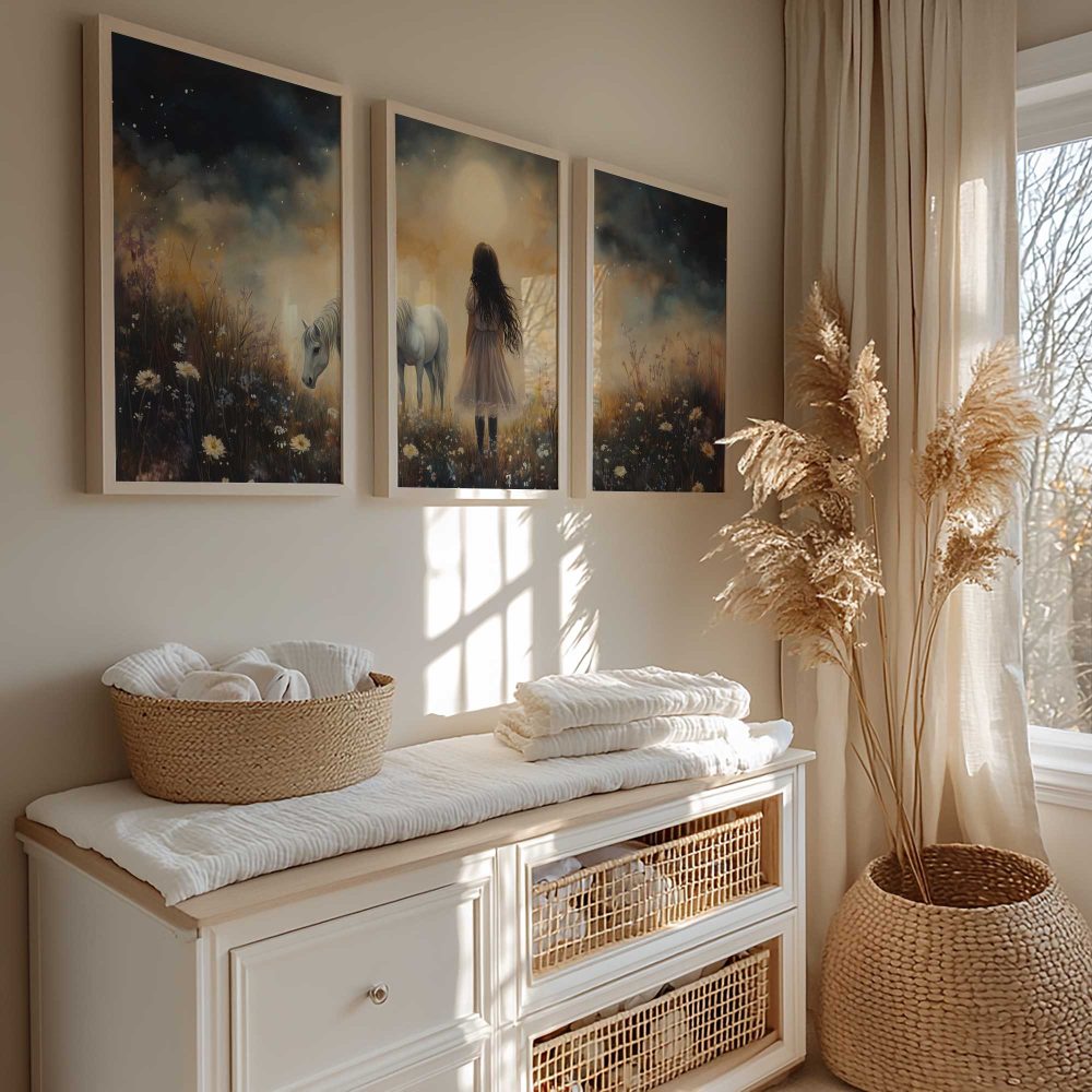 Alternative view of Jong Meisje en Witte Paard in Dromerig Bloemenveld