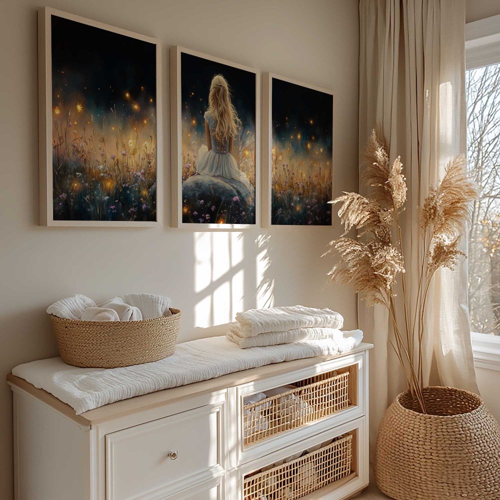 Alternative view of Betoverend bloemenveld met dromerige vrouw in wit