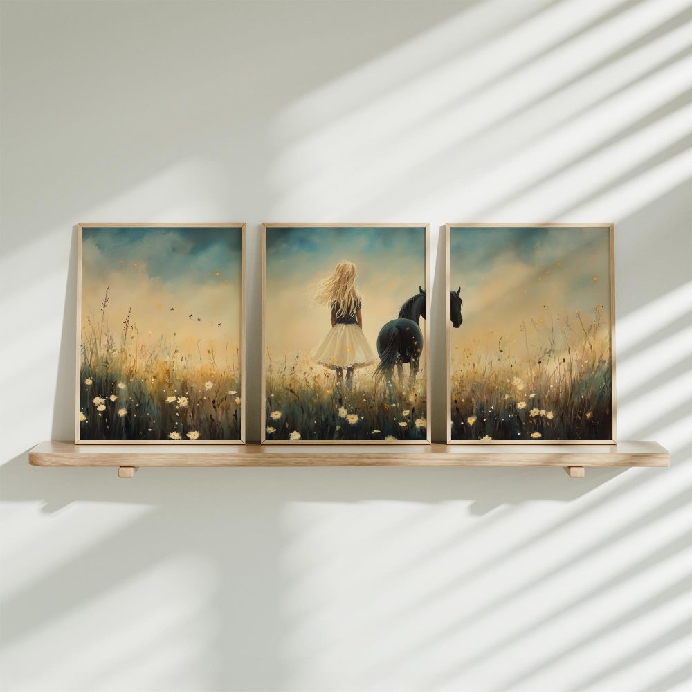 Blonde Droom in Bloemenveld met Zwart Paard