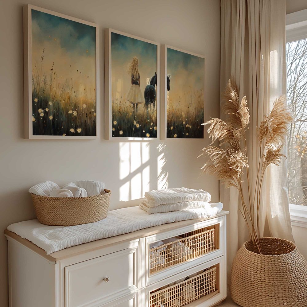 Alternative view of Blonde Droom in Bloemenveld met Zwart Paard