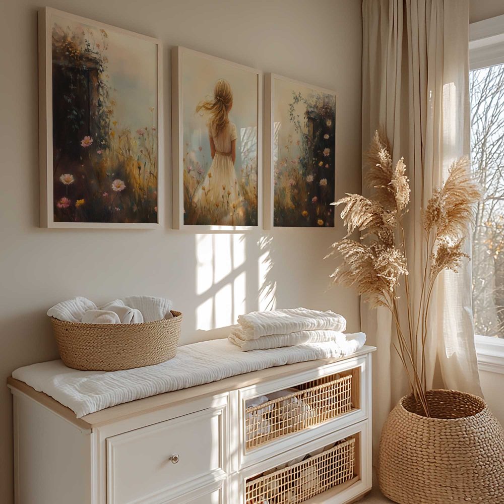 Alternative view of Dromerig Meisje in Bloemenveld – Pastel Schilderij