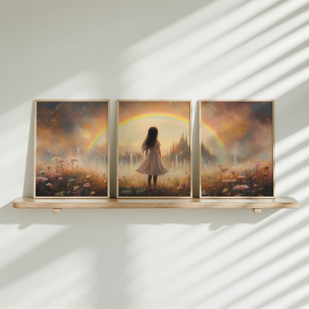 Dromerig Meisje in Bloemenveld met Regenboog