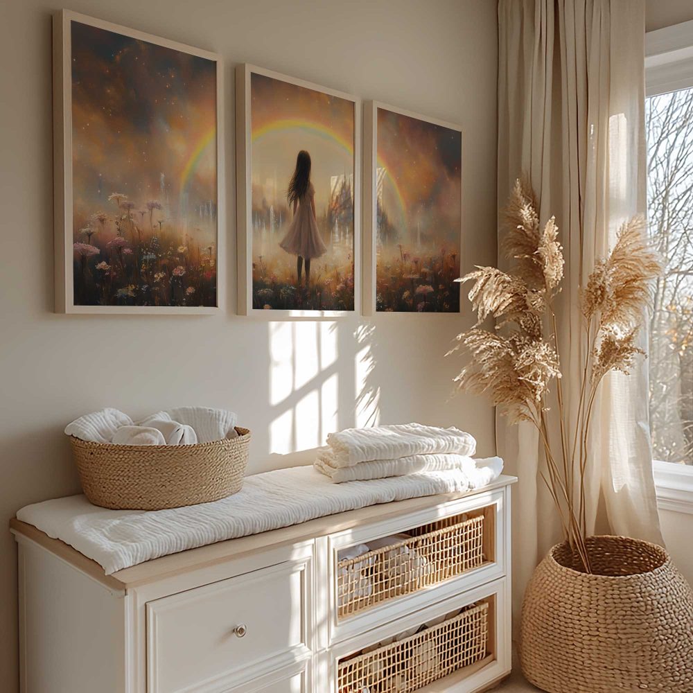 Alternative view of Dromerig Meisje in Bloemenveld met Regenboog