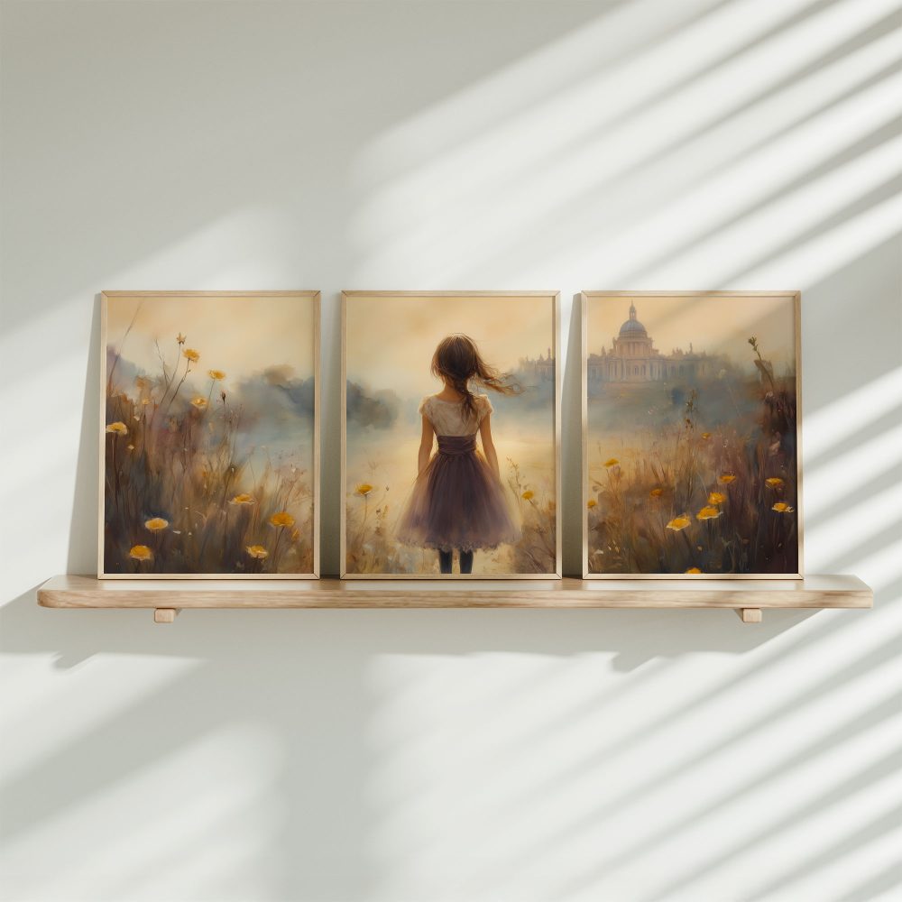 Dromerig Meisje in Bloemenveld – Zachte Sfeerprint