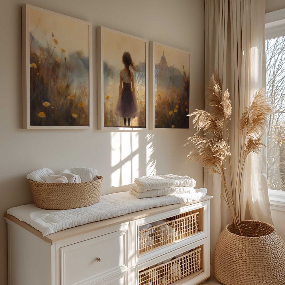 Alternative view of Dromerig Meisje in Bloemenveld – Zachte Sfeerprint