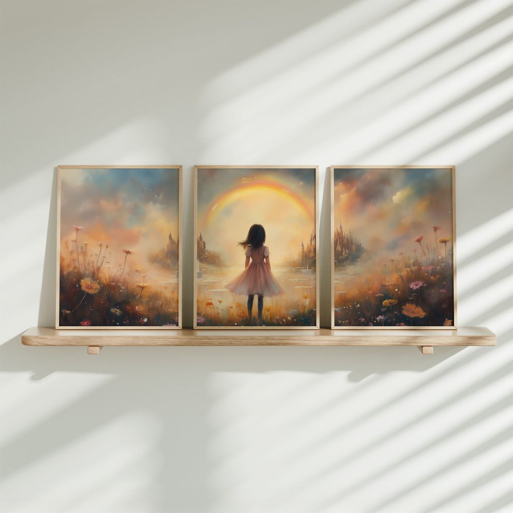 Dromerig Meisje bij Regenboog en Bloemenveld