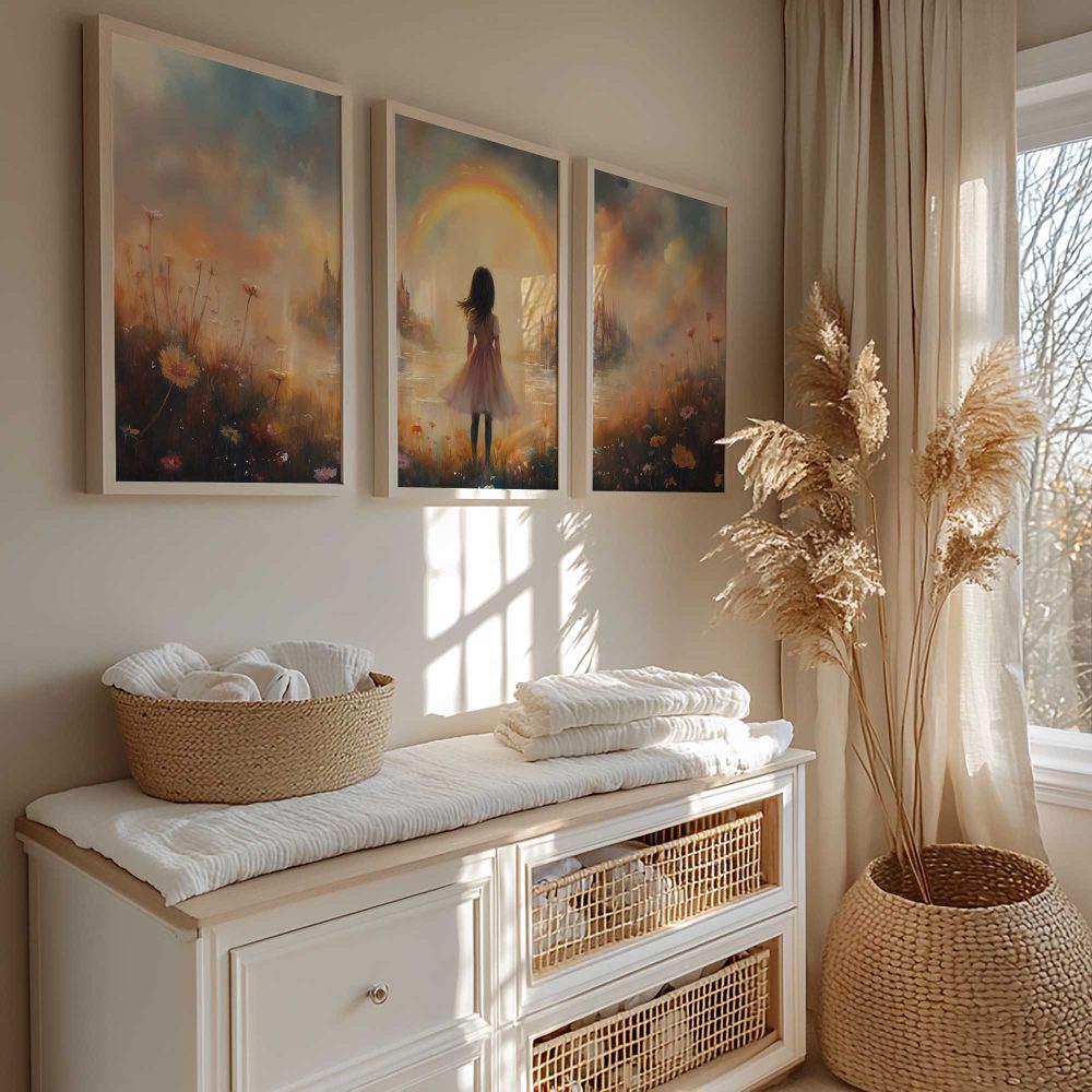 Alternative view of Dromerig Meisje bij Regenboog en Bloemenveld