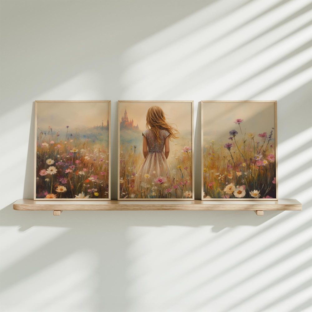 Feeërieke Dame in Bloemenveld met Kasteel