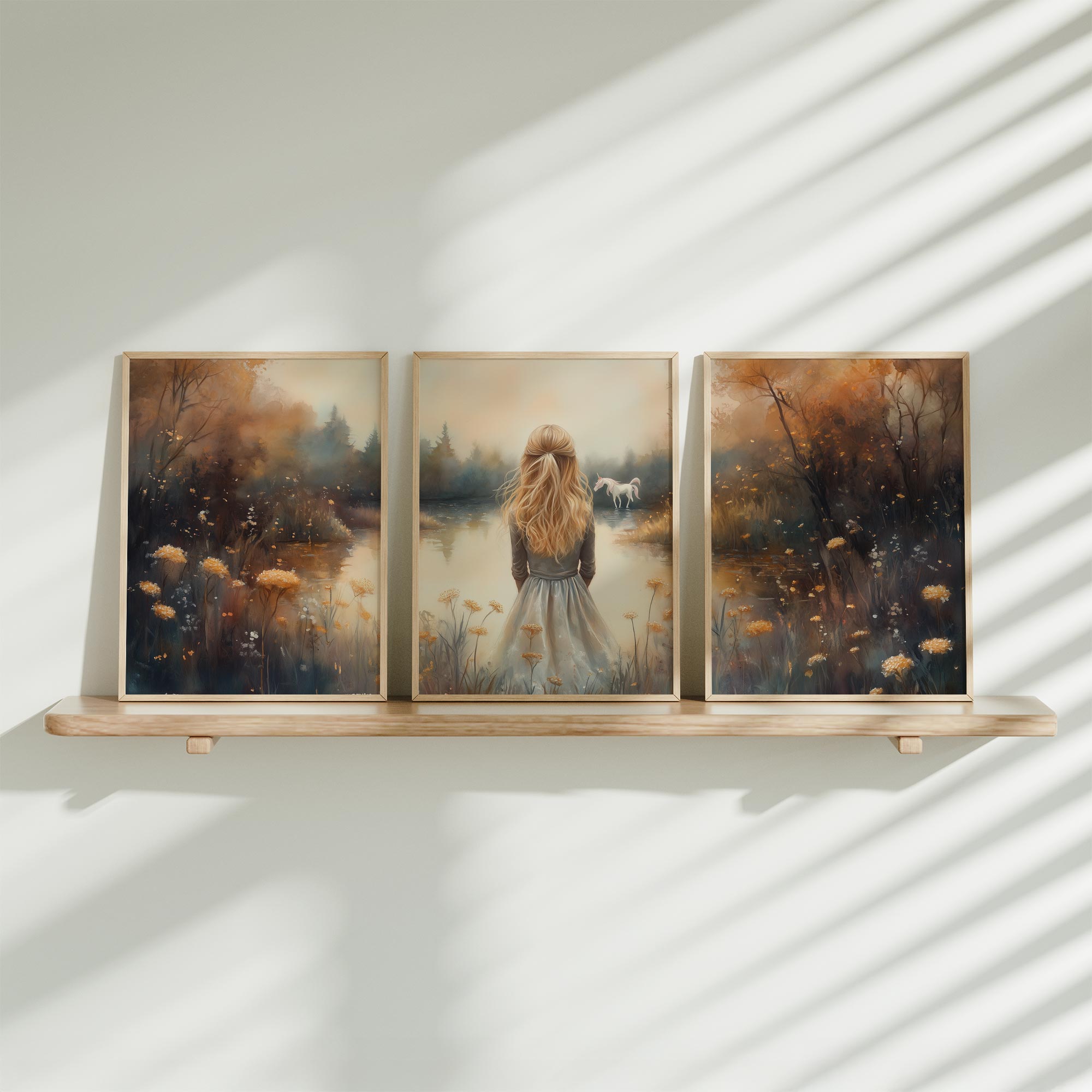 Magisch Meer met Vrouw en Eenhoorn in Bloemenveld